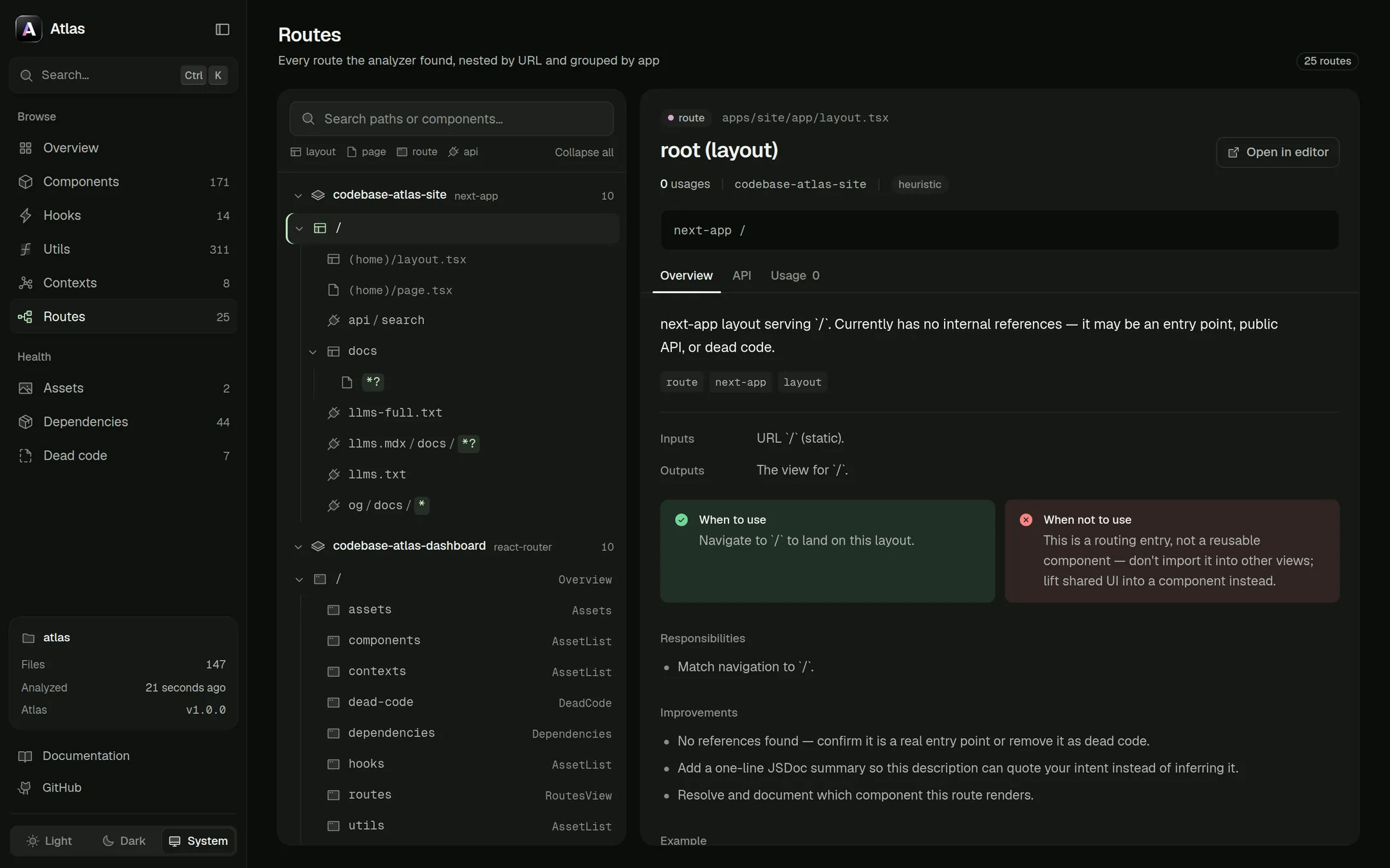 The Routes view: a tree of Next.js and React Router routes beside the detail of the root layout.