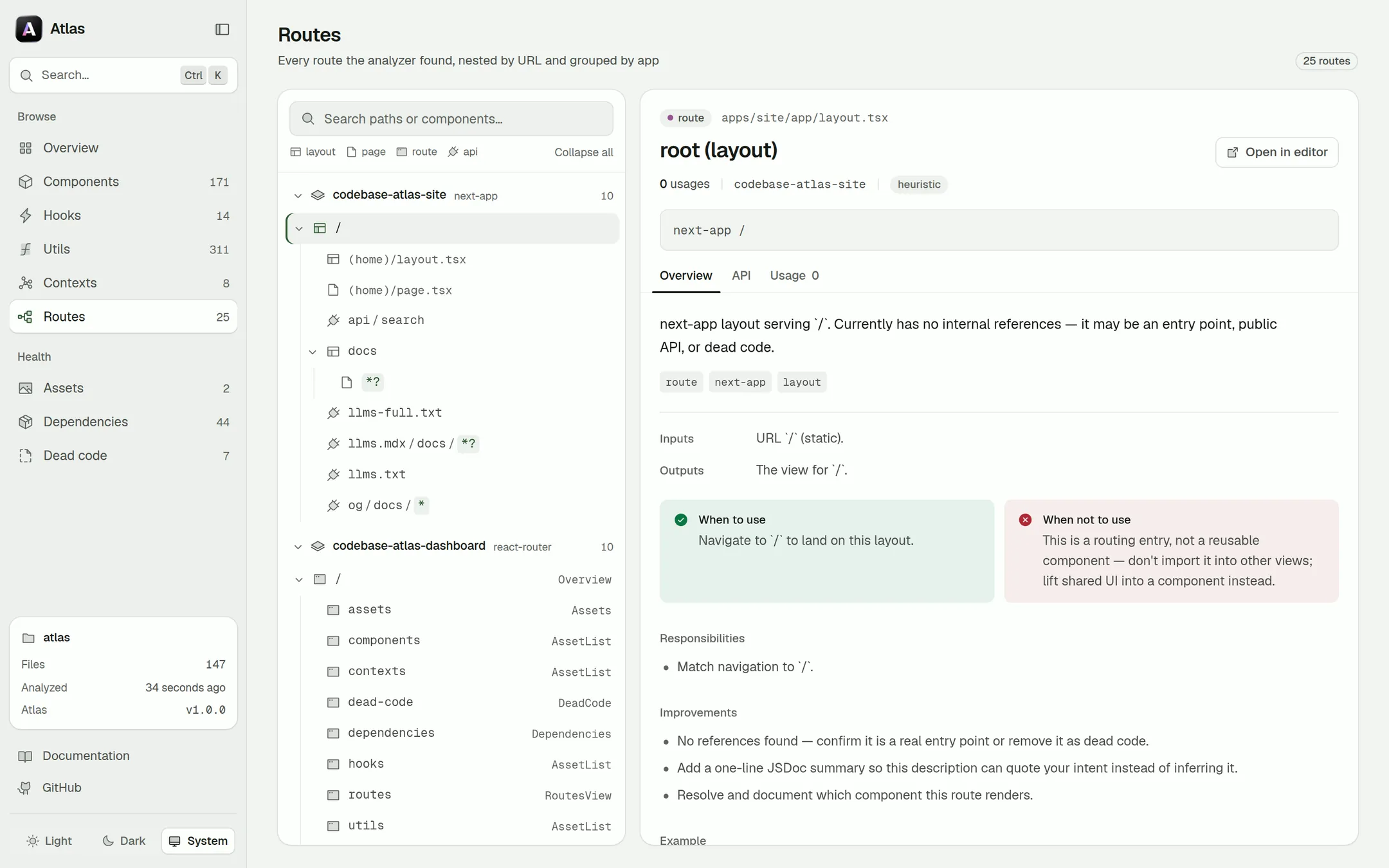 The Routes view: a tree of Next.js and React Router routes beside the detail of the root layout.
